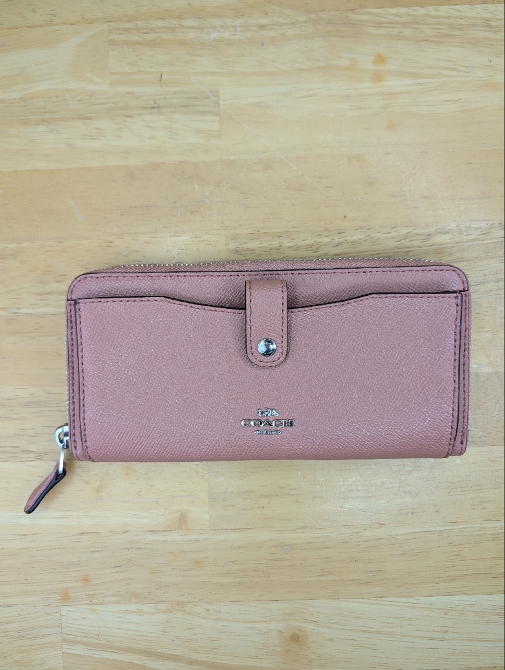 Coach Pink Cross-Grained Leather Zip Around Long Wallet Clutch Front Snap Pocket